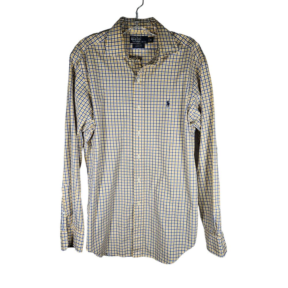 Ralph Lauren Polo Mens Polo Shirt Plaid Yellow Blue Logo Size Medium Stanton Fit